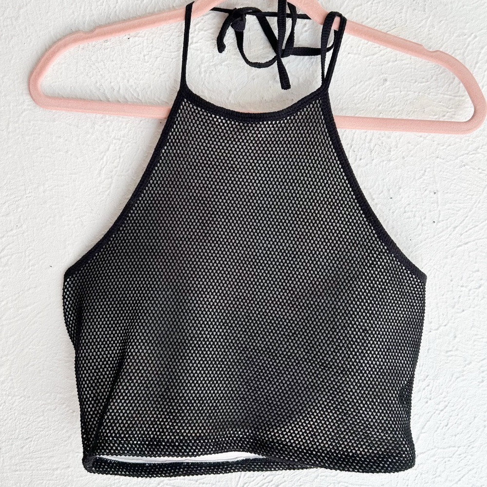 Wet Seal Y2K Black Mesh Cropped Halter Top Large